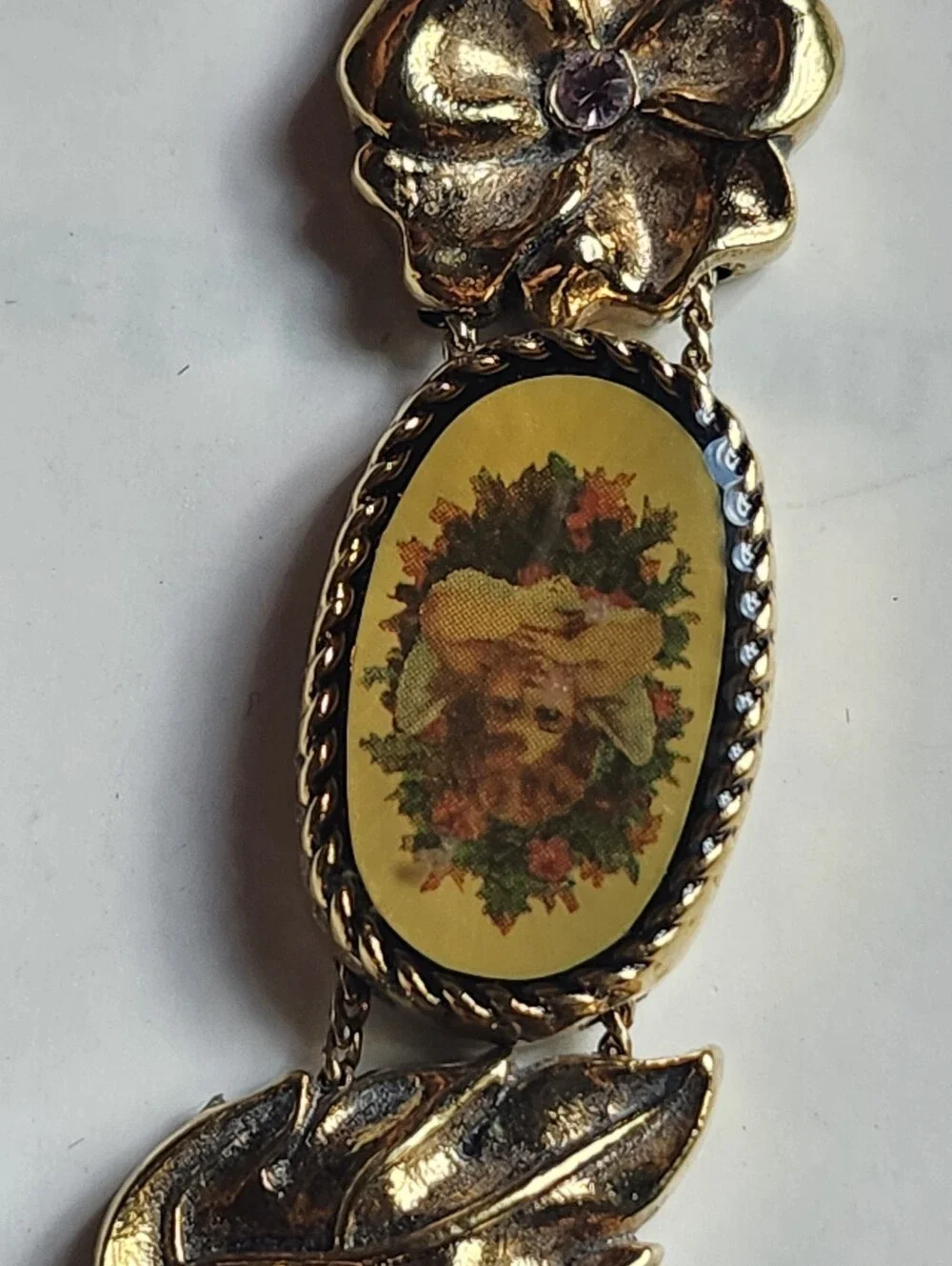 Vintage Gold Tone Floral Bracelet Watch with Cherub Medallions